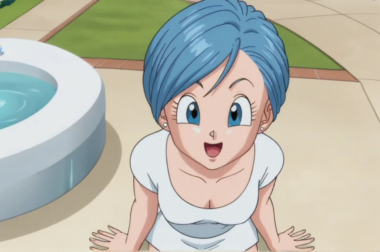 fountain_cheered up, score_9, score_8_above, score_7_above, cheered up screencap,8k, absurd resolution,
BULMA, 1 girl, Alone, medium breasts, SMILE, short hair, Open mouth, Blue eyes, blue fur, hand on one's own ass, nude, looking at the ass, medium ass, medium breasts