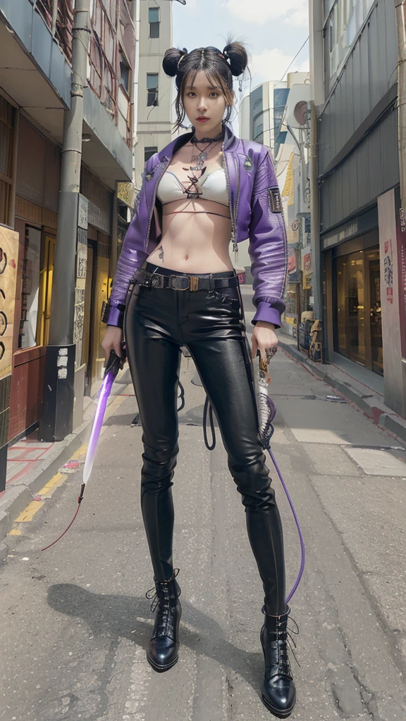(8k, highest quality, masterpiece), (realistic, photorealistic), (ultra-detailed, highest quality, ultra-high resolution), (full body: 1.3),15-year-old girl wearing leather outfit and holding a lightsaber in city street, Cinematic light, (mechanical girl), white ceramic body, purple eyes, single, (mechanical joints: 1.4), (mechanical hands), (wires and cables attached to head and body: 1.5), Neon details, sci-fi, cowboy shot, Wearing cyberpunk fur leather jacket, Cyberpunk angry gorgeous goddess, (Super villain IU Lee Ji-eun: 1.2), Cyberpunk costume, Pure white cyberpunk outfit, Female cyberpunk, Cyberpunk 20. Model girl, Cyberpunk-style outfit, Female cyberpunk, Cyberpunk style, Glamorous cyberpunk dark fantasy, Cyberpunk assassin, (full body), (Leather pants),(Girl holding a large odachi sword, holding the hilt of the sword in her hand, swinging it over her head: 1.3),(Tattoos, Japanese tattoos all over her body: 1.5),(Very detailed: 1.4), Front view, looking at the camera,