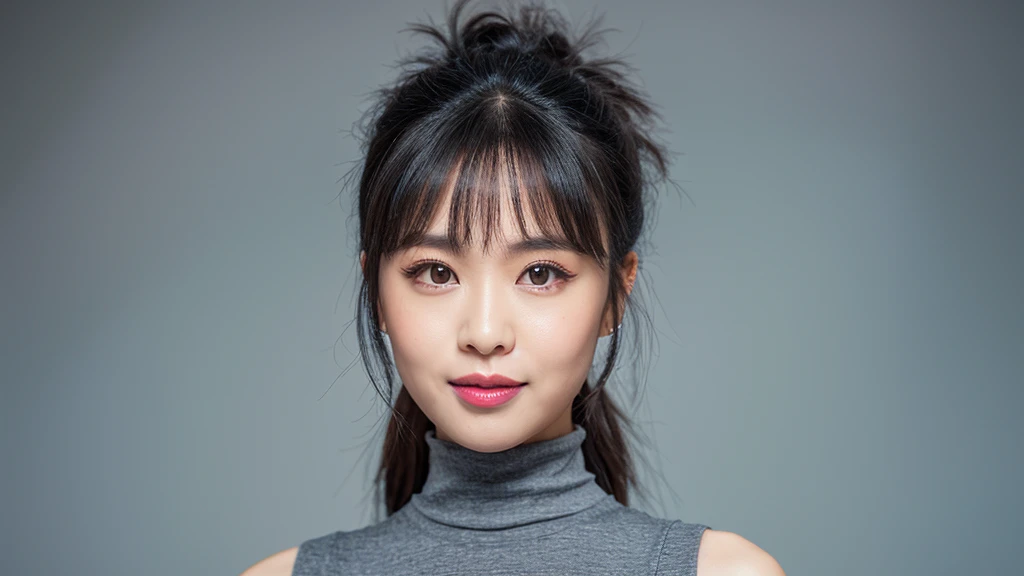 ((Detailed face)),vivid,cute,A silky grey dress with a turtleneck and sleeveless top,4K,Ultra-high resolution,(Photorealistic:1.7),Gray background,Long black hair,