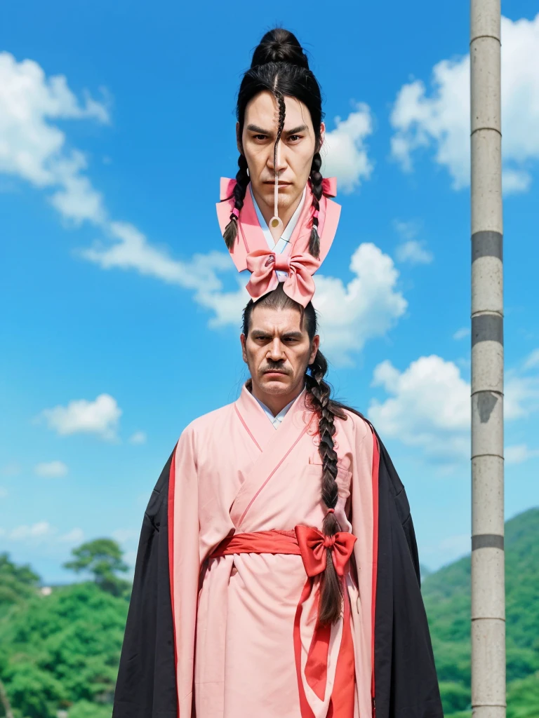 Taoi paia pai is a tall thin man with long black hair with a braid and a red bow at the end of the braid - he wears a pink classic Japanese suit and has a thin face and long chin with an angry expression since he is a hitman - hyperrealistic image in full hd 