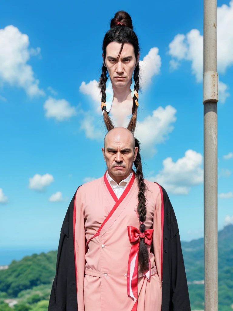 Taoi paia pai is a tall thin man with long black hair with a braid and a red bow at the end of the braid - he wears a pink classic Japanese suit and has a thin face and long chin with an angry expression since he is a hitman - hyperrealistic image in full hd