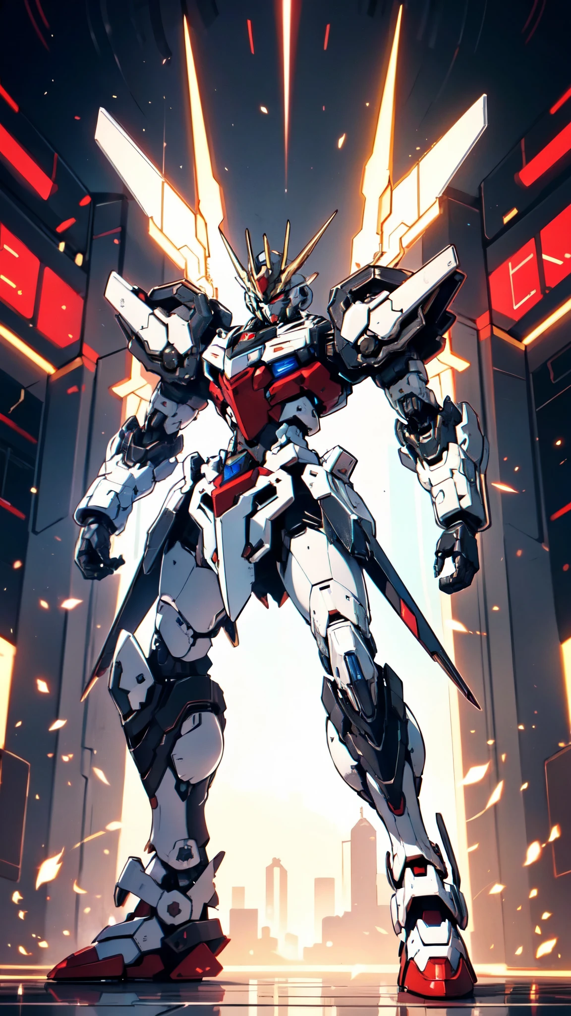 (masterpiece:1.5, best quality:1.5, extremely delicate:1.5), humanoid Mecha, fully enclosed shoulder guards, matching arm and leg guards, full body, full armor, the design balances heavy with agility, (the color scheme is primarily white with red and blue accents, the concept Inspired by Super robot, organic biotech armor, standing, floating high above the futuristic sci-fi city), exquisite and mature art style, (aura effect, energy, glowing eyes, the armor glows), metallic, dramatic, high definition, highres, ultra-detailed, ultra-fine painting, professional, perfect body proportions, anatomically correct, symmetrical face, extremely detailed eyes and face, high quality eyes, creativity, RAW photo, UHD, 32k, Natural light, cinematic lighting, masterpiece-anatomy-perfect