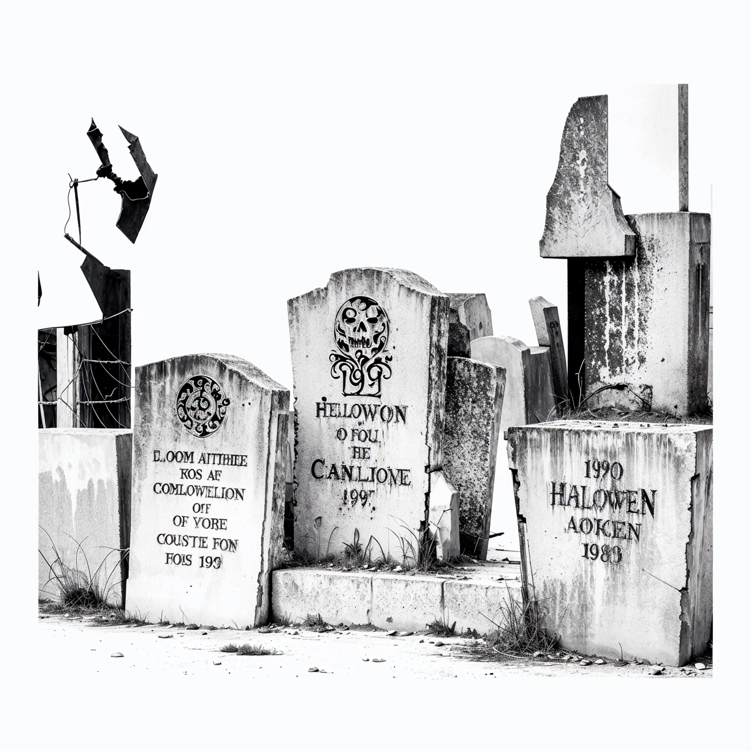 dark scary horror 1980s black and white sketch Halloween tombstone background 
