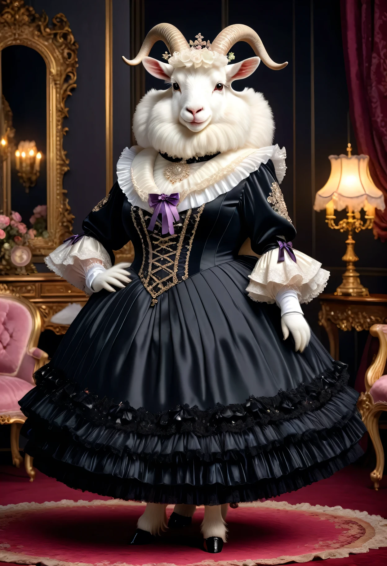 photorealistic portrait of Dressed animals-a ((fat)) ((angora goat)) princess,(furry), (elegant pose:1.5), (hands on hips:1.5),(smile:1.5),high quality,(),(lovely) ,intricate details, Wearing Gothic & ta dress , ( brim), highly detailed ((dress with frills and ribbon)) ,highly detailed accessories, high sox , (happy), soft lighting,(full body image:2.0),in Rococo style room background,,score_9, score_8_up, score_7_up, score_6_up, score_5_up, score_4_up,