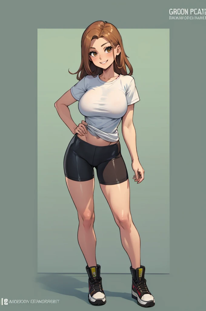 green solid background, 1 woman, best quality, ultra high res, long hair, black hair, brown eyes, bike shorts, military boots, abs, blank white t-shirt, short sleeves, smiling at viewers, double D breast, standing, full body