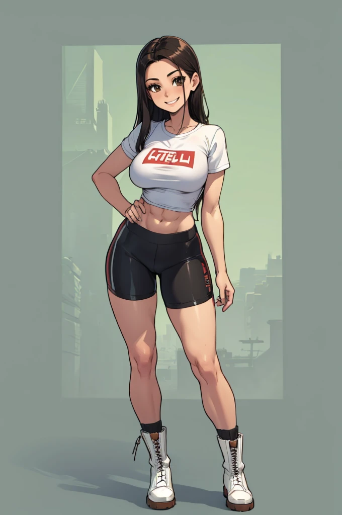 green solid background, 1 woman, best quality, ultra high res, long hair, black hair, brown eyes, bike shorts, military boots, abs, blank white t-shirt, short sleeves, smiling at viewers, double D breast, standing, full body