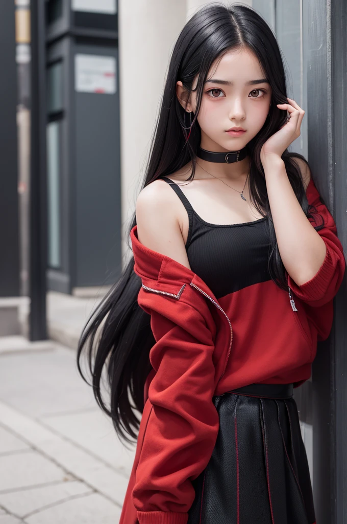 A with red and half black hair and red eyes