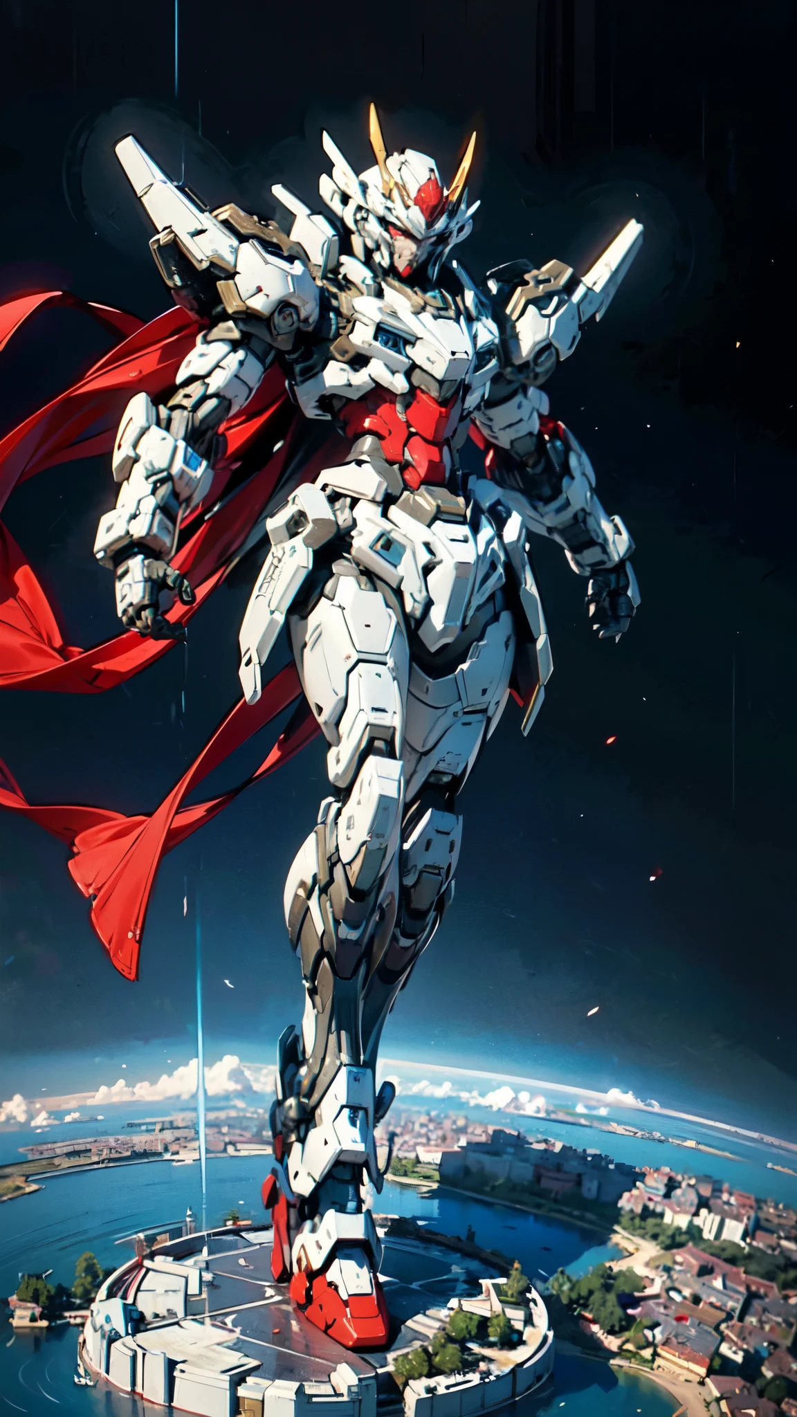 (masterpiece:1.5, best quality:1.5, extremely delicate:1.5), humanoid Mecha, fully enclosed shoulder guards, matching arm and leg guards, full body, full armor, the design balances heavy with agility, (the color scheme is primarily white with red and blue accents, the concept Inspired by Super robot, organic biotech armor, standing, floating high above the futuristic sci-fi city), exquisite and mature art style, (aura effect, energy, glowing eyes, the armor glows), metallic, dramatic, high definition, highres, ultra-detailed, ultra-fine painting, professional, perfect body proportions, anatomically correct, symmetrical face, extremely detailed eyes and face, high quality eyes, creativity, RAW photo, UHD, 32k, Natural light, cinematic lighting, masterpiece-anatomy-perfect