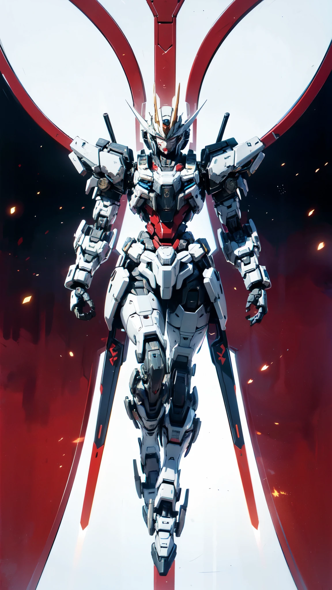 (masterpiece:1.5, best quality:1.5, extremely delicate:1.5), humanoid Mecha, fully enclosed shoulder guards, matching arm and leg guards, full body, full armor, the design balances heavy with agility, (the color scheme is primarily white with red and blue accents, the concept Inspired by Super robot, organic biotech armor, standing, floating high above the futuristic sci-fi city), exquisite and mature art style, (aura effect, energy, glowing eyes, the armor glows), metallic, dramatic, high definition, highres, ultra-detailed, ultra-fine painting, professional, perfect body proportions, anatomically correct, symmetrical face, extremely detailed eyes and face, high quality eyes, creativity, RAW photo, UHD, 32k, Natural light, cinematic lighting, masterpiece-anatomy-perfect