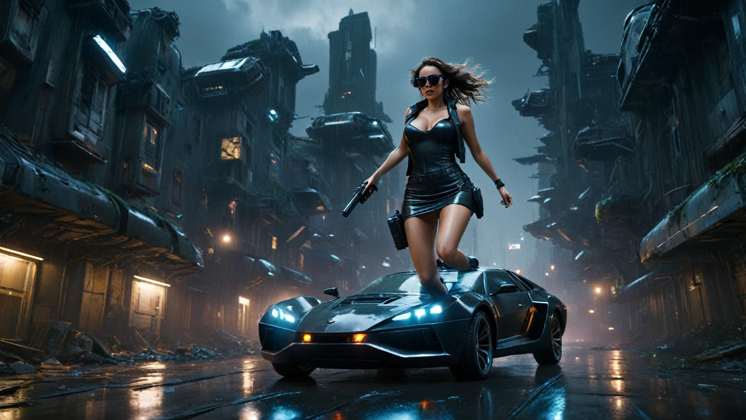 (aerial view, a flying car is speeding through a very dark abandoned futuristic city), rainy night. (((1girl, solo, alone))), large-breast:1.2 slim body, cleavage:1.1, sexy miniskirt, ((headphone, black sunglasses, standing and holding pistol dynamic pose)), (((((half-body thigh level medium shot))))), cinematic lighting, lens flare, ray tracing.