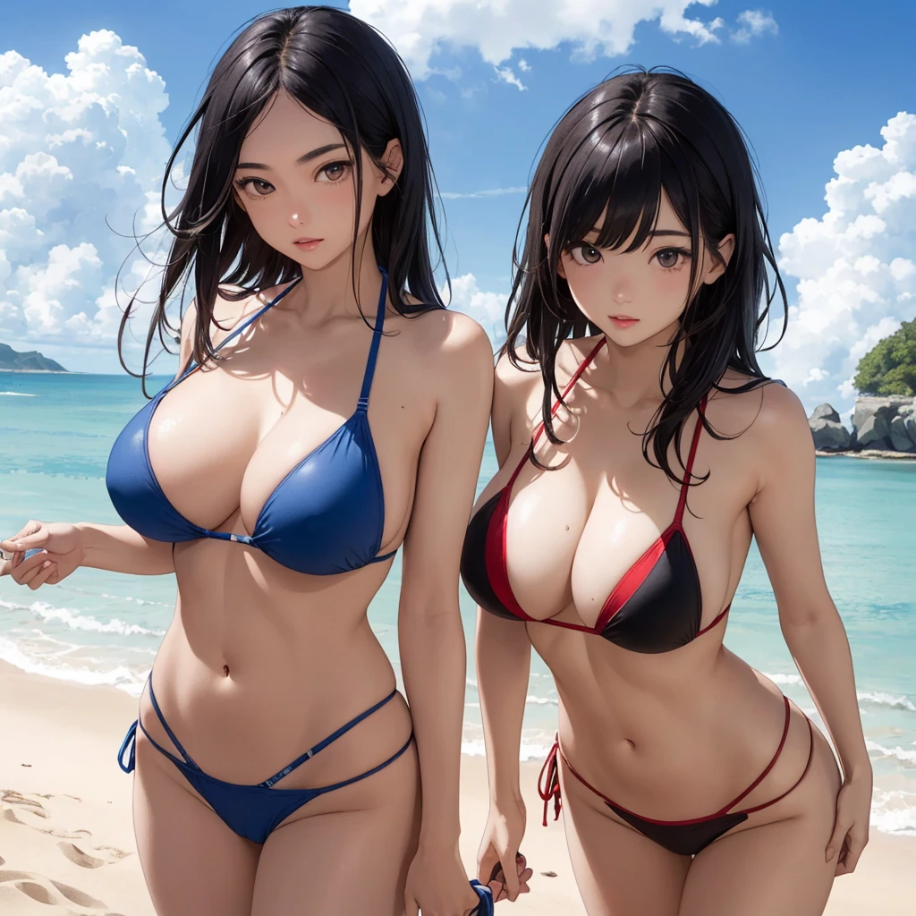NSFW, (((Uncensored))), (((Clear picture))). high image quality, high resolution, 18 year old beautiful girl、shiny black hair、Hime cut、Brown eyes, dark eyebrows, J-cup huge breasts、172cm tall、tightened waist,、red bikini, sexy pose, Sandy Beach、Blue sky