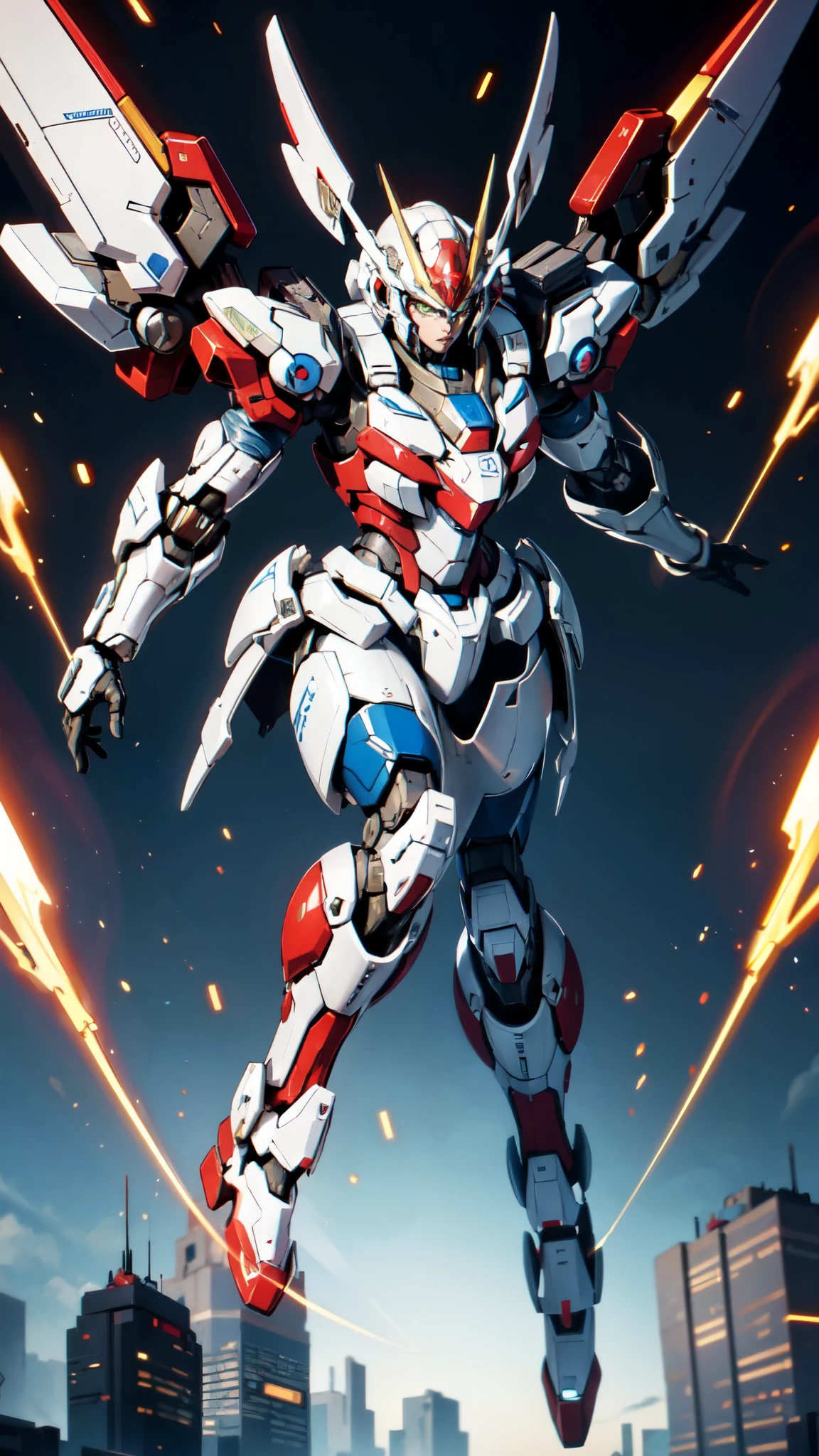 (masterpiece:1.5, best quality:1.5, extremely delicate:1.5), humanoid Mecha, fully enclosed shoulder guards, matching arm and leg guards, full body, full armor, the design balances heavy with agility, (the color scheme is primarily white with red and blue accents, the concept Inspired by Super robot, organic biotech armor, standing, floating high above the futuristic sci-fi city), exquisite and mature art style, (aura effect, energy, glowing eyes, the armor glows), metallic, dramatic, high definition, highres, ultra-detailed, ultra-fine painting, professional, perfect body proportions, anatomically correct, symmetrical face, extremely detailed eyes and face, high quality eyes, creativity, RAW photo, UHD, 32k, Natural light, cinematic lighting, masterpiece-anatomy-perfect