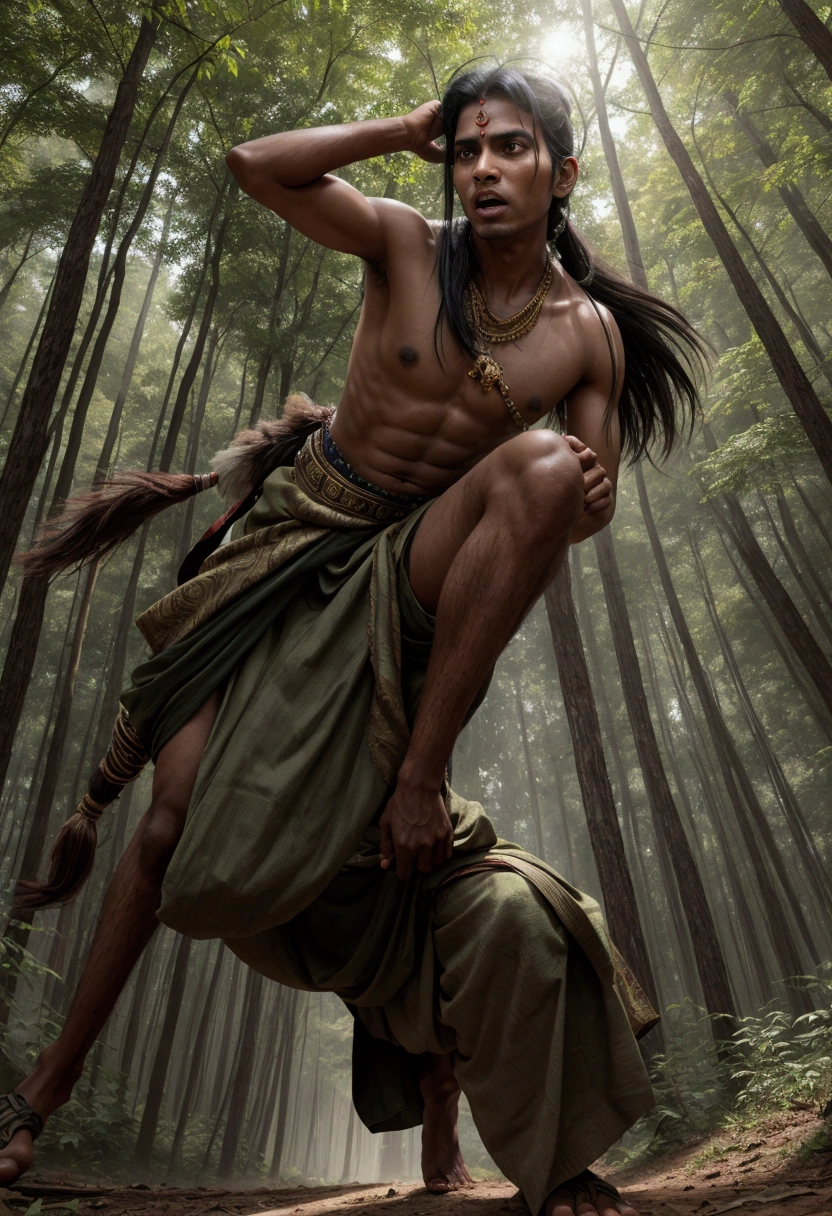 Portrait of an Indian in an attack pose in the middle of the forest