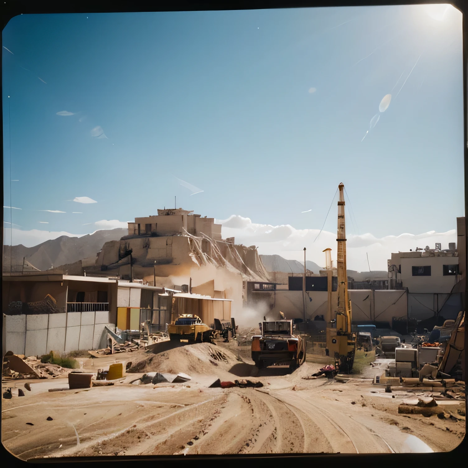 cinematic photo analog film photo scifi ( Dynapac 2500B yellow 1:1) raw, summer hot, strormy clouds, cinematic, mist, volumetric lights shiny, dusty sand new, dynamic view, construction site, detailed, rocks, road desert
(crowd of people:1.1), (construction workers behind set:1.2) . faded film, desaturated, 35mm photo, grainy, vignette, vintage, Kodachrome, Lomography, stained, highly detailed, found footage . 35mm photograph, film, bokeh, professional, 4k, highly detailed