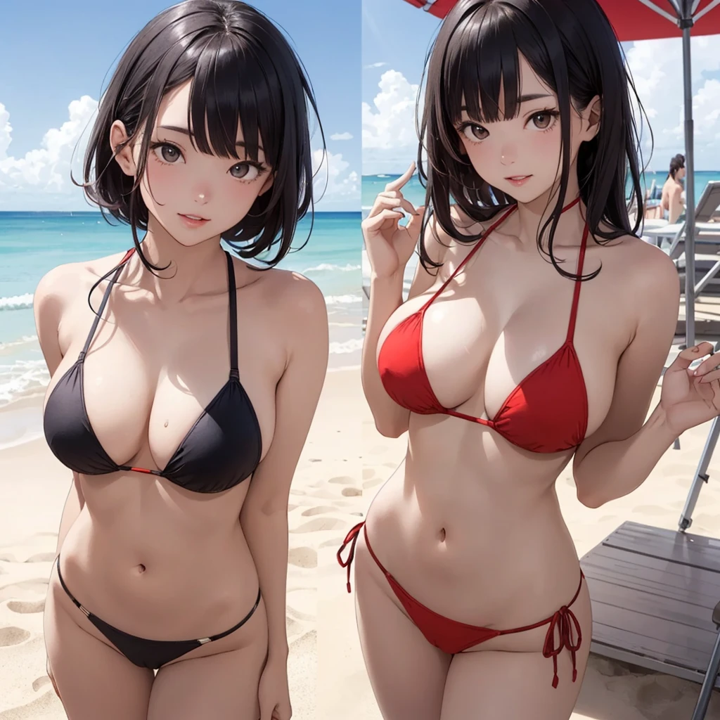 NSFW, (((Uncensored))), (((Clear picture))). high image quality, high resolution, 18 year old beautiful girl、shiny black hair、Hime cut、Brown eyes, dark eyebrows, J-cup huge breasts、172cm tall、tightened waist,、red bikini, sexy pose, Sandy Beach、Blue sky