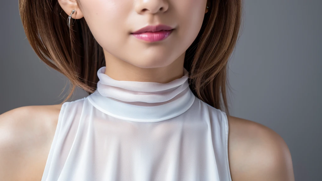 ((Detailed face)),vivid,cute,A silky white dress with a turtleneck and sleeveless top,4K,Ultra-high resolution,(Photorealistic:1.7),Gray background,Long black hair,
