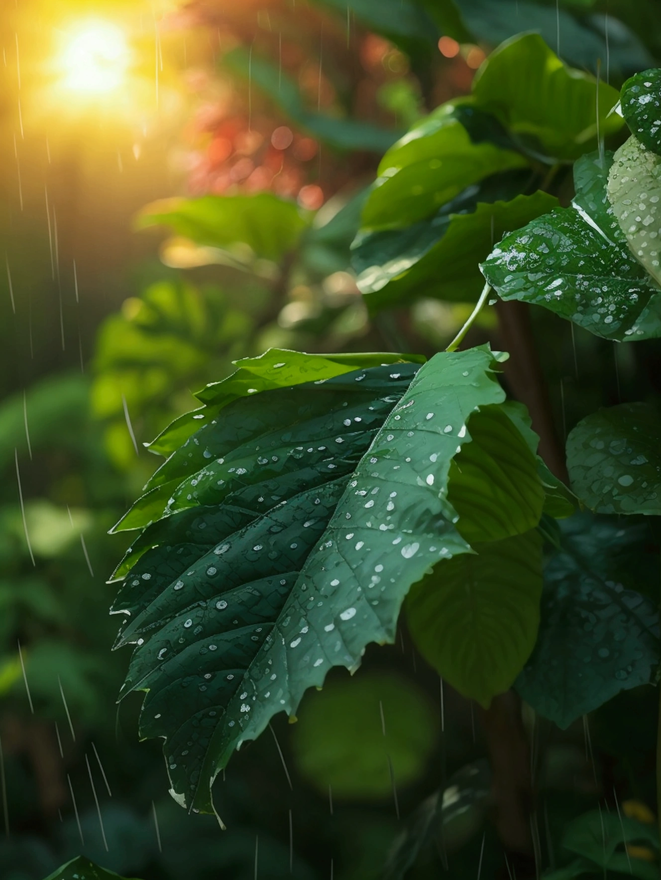 Hot sun、Rain、Close-up of leaves，summer，Surrounded by green plants，Elegant colors