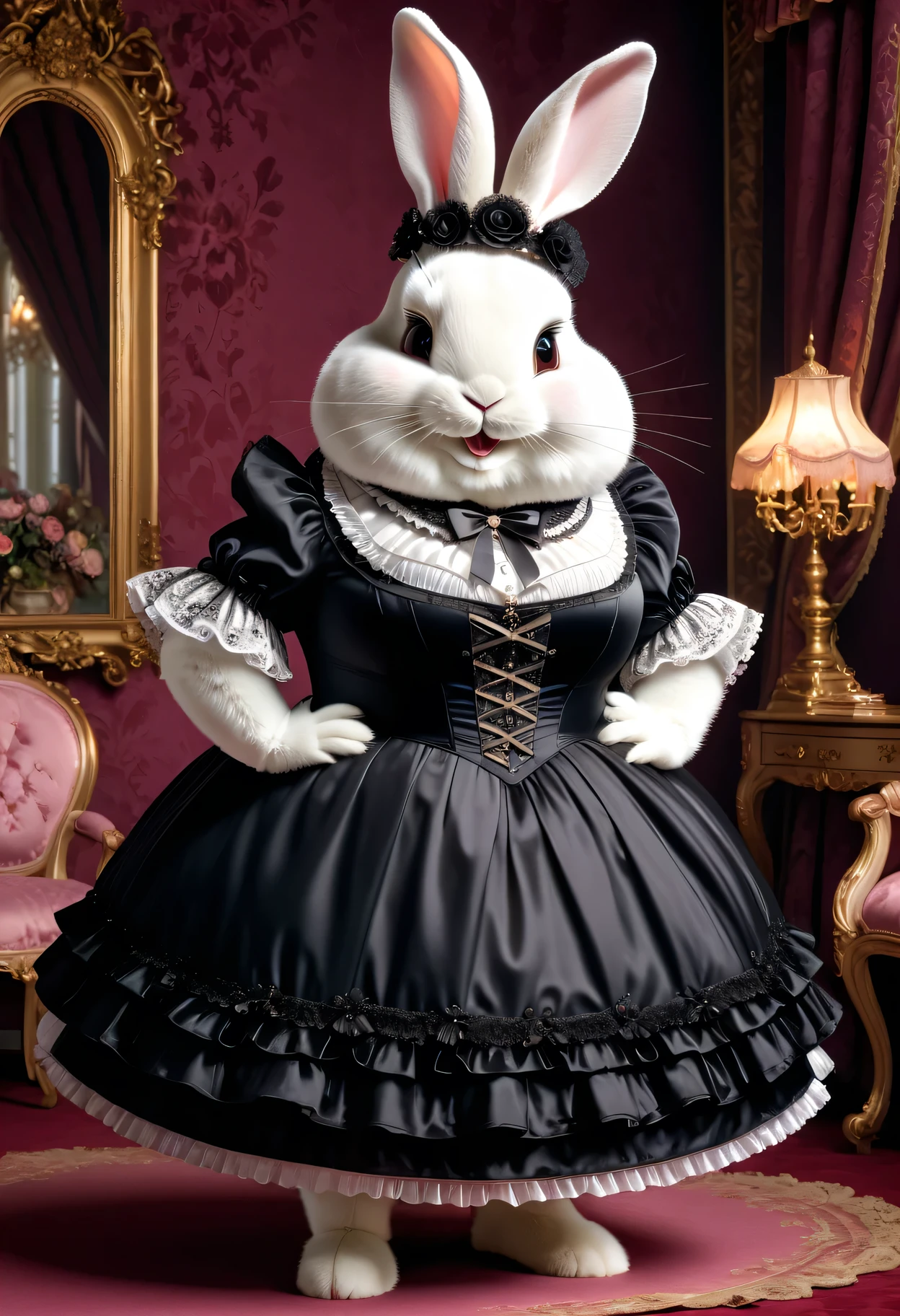 photorealistic portrait of Dressed animals-a ((fat)) (( rabbit)) princess,(furry), (elegant pose:1.5), (hands on hips:1.5),(smile:1.5),high quality,(),(lovely) ,intricate details, Wearing Gothic & Lolita dress , ( brim on head), highly detailed ((dress with  frills and ribbon)) ,highly detailed accessories, high sox , (happy), soft lighting,(full body image:2.0),in  Rococo style room background,,score_9, score_8_up, score_7_up, score_6_up, score_5_up, score_4_up,