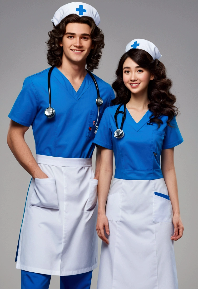 a couple of disney pixar style nurses, high quality, nurse with long brown hair and white uniform (((Mullet cut curly black hair boy wearing blue uniform)) full body