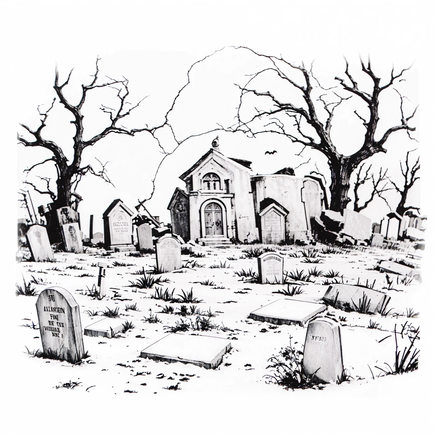 dark scary horror 1980s black and white sketch Halloween tombstone background