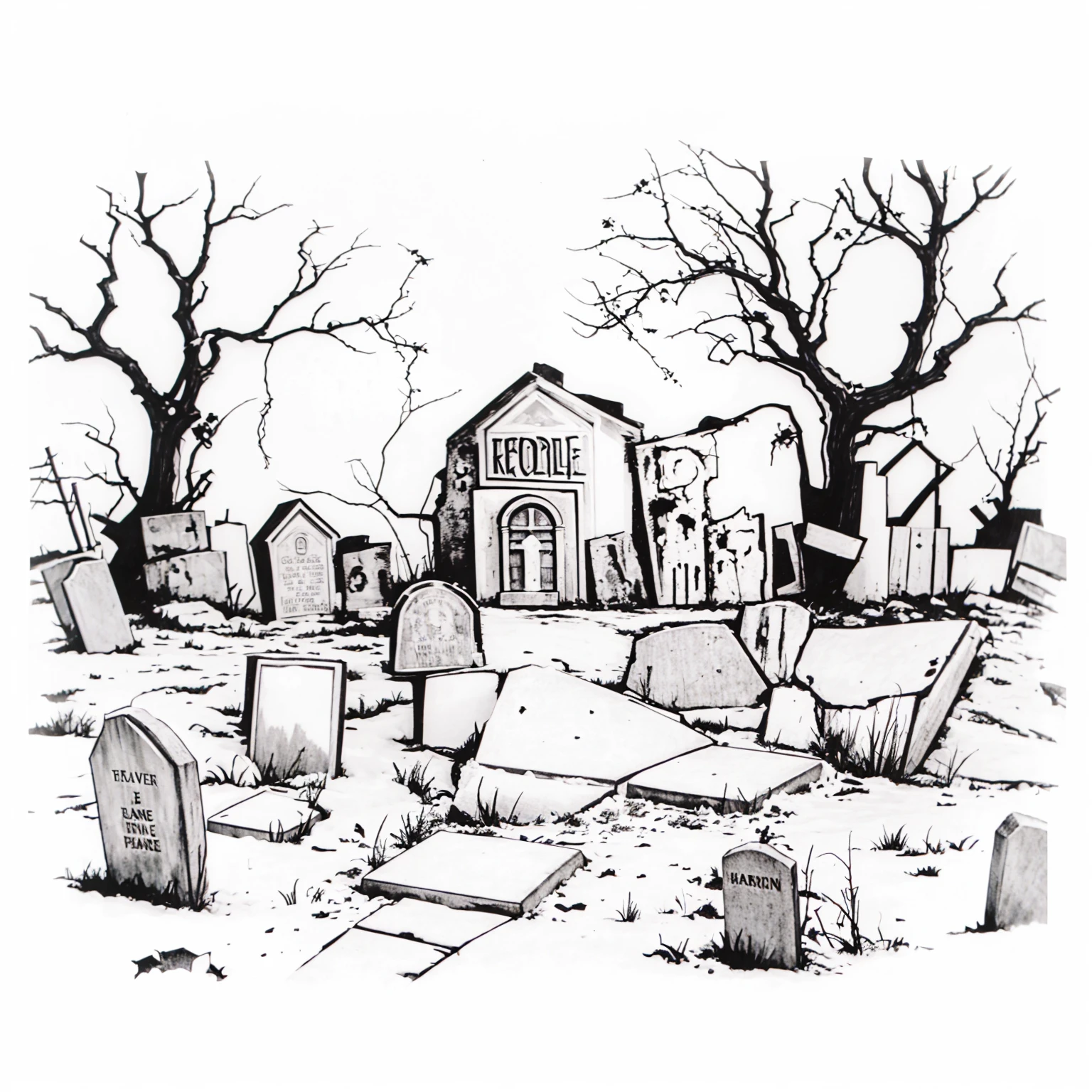 dark scary horror 1980s black and white sketch Halloween tombstone background