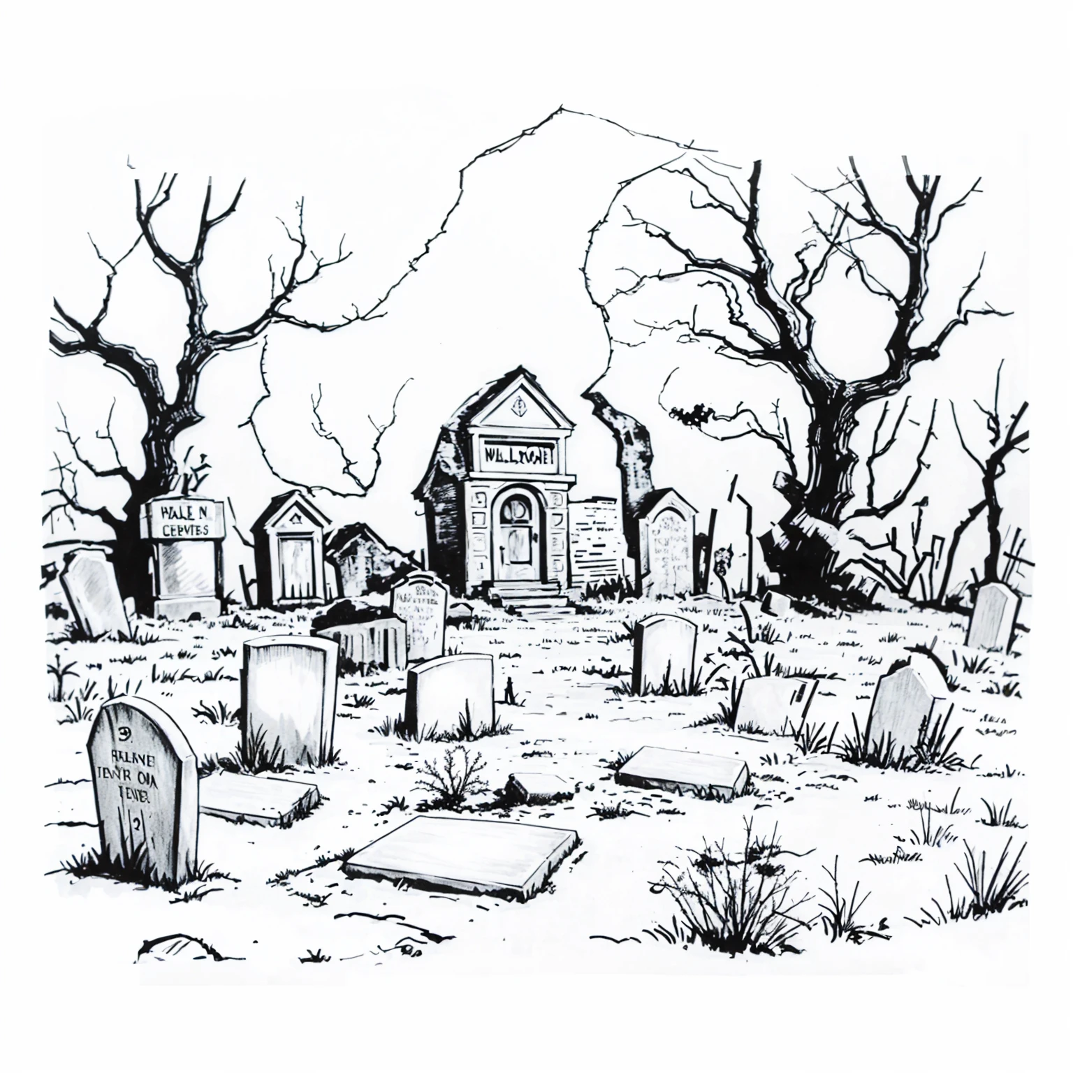 dark scary horror 1980s black and white sketch Halloween tombstone background