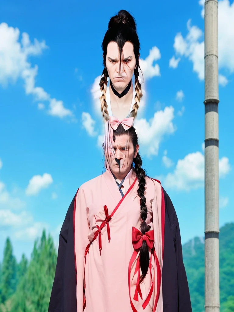 Taoi paia pai is a tall thin man with long black hair with a braid and a red bow at the end of the braid - he wears a pink classic Japanese suit and has a thin face and long chin with an angry expression since he is a hitman - hyperrealistic image in full hd
