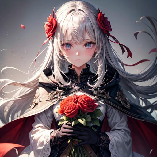 One girl,alone,One girl,alone,((Beautiful attention to detail)), (Detailed light),Depth of written boundary,(Gray Hair),Silver Eyes,Hair on one eye,(Red flower ), Hair Flower,Long Hair,Black Cape,Wet,Emotionless,Recall,night,Starfall,it&#39;s raining,fog,Red flowers falling,sketch,Upper Body,Strong Shadows,
