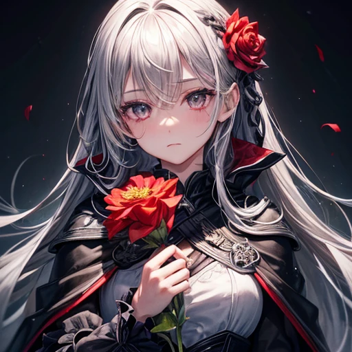 One girl,alone,One girl,alone,((Beautiful attention to detail)), (Detailed light),Depth of written boundary,(Gray Hair),Silver Eyes,Hair on one eye,(Red flower ), Hair Flower,Long Hair,Black Cape,Wet,Emotionless,Recall,night,Starfall,it's raining,fog,Red flowers falling,sketch,Upper Body,Strong Shadows,