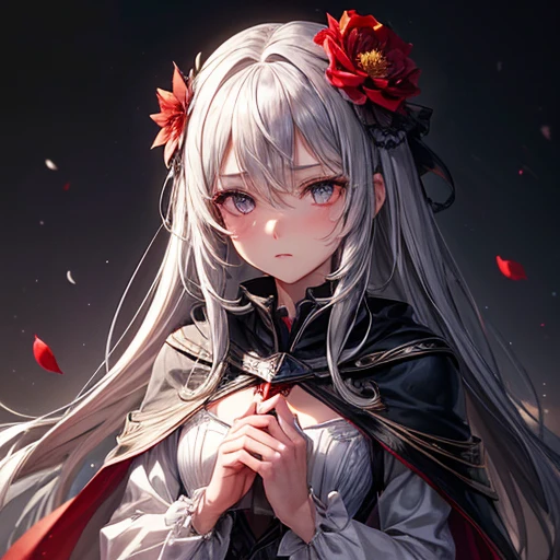 One girl,alone,One girl,alone,((Beautiful attention to detail)), (Detailed light),Depth of written boundary,(Gray Hair),Silver Eyes,Hair on one eye,(Red flower ), Hair Flower,Long Hair,Black Cape,Wet,Emotionless,Recall,night,Starfall,it's raining,fog,Red flowers falling,sketch,Upper Body,Strong Shadows,