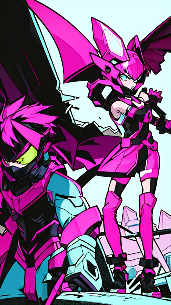 The armor pictured has a streamlined, streamlined design, predominantly in shades of pink and fuchsia. The structure of the suit appears to be designed for both mobility and protection.

### Design Details:
1. **color**:
   - **Principal**: A bright pink shade covers most of the suit.
   - **secondary**: A darker fuchsia is used to highlight specific areas and provide contrast.

2. **Costume Sections**:
   - **Chest and abdomen**: The chest area features an inverted arrow design in a darker fuchsia tone, which may have a decorative or structural function.
   - **shoulders and arms**: The shoulders and upper arms have dark plates that appear to provide additional protection.
   - **hands**: Gloves with separated fingers, in bright pink with dark details on the wrists.
   - **legs**: Leg armor has reinforced panels at the knees and thighs, with the same darker fuchsia tone.

3. **Additional details**:
   - **neck**: A turtleneck in dark fuchsia.
   - **elbows and knees**: Dark fuchsia reinforcements on the elbows and knees for greater protection.
   - **pies**: Boots designed for stability, in the same color scheme as the rest of the suit.

4. **Fit and Flexibility**:
   - The fitted design suggests that the suit allows a wide range of movement without sacrificing protection.
   - The absence of bulky or protruding elements implies a focus on agility.

### Functionality:
- **material**: Although the material is not specified, The appearance suggests that it is made of a light and strong composite.
- **protection**: Critical areas are reinforced, providing a balance between defense and mobility.
- **aesthetics**: The use of bright, contrasting colors is not only eye-catching but can serve to intimidate opponents..

