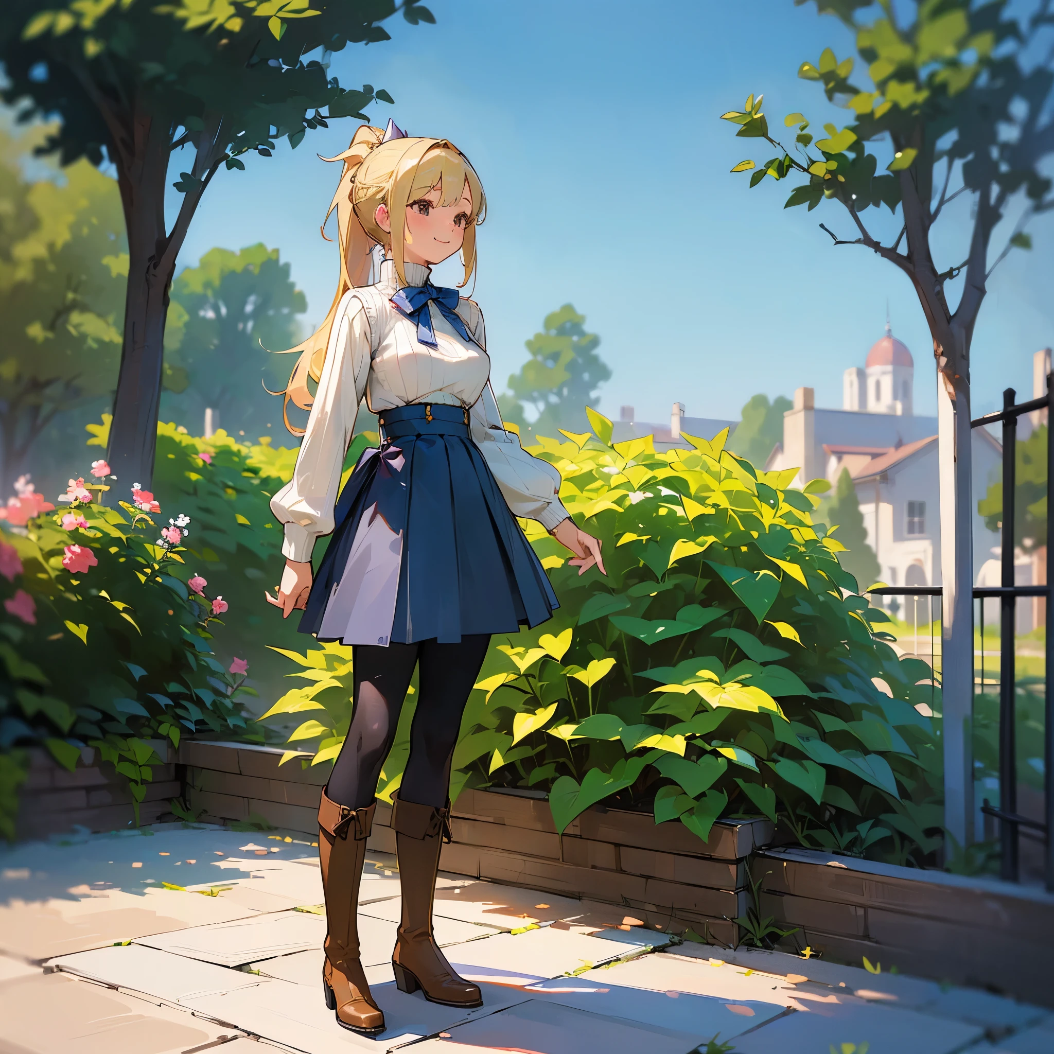 (high quality, High resolution, Very detailed, reality:1.37), Peaceful atmosphere, (Outdoor, garden), Teenage girl standing alone, (my breasts are big.), Beautiful details, Cute Smile, (Blonde Ponytail), Ribbed sweater, Blue Skirt, Black tights, Brown boots.