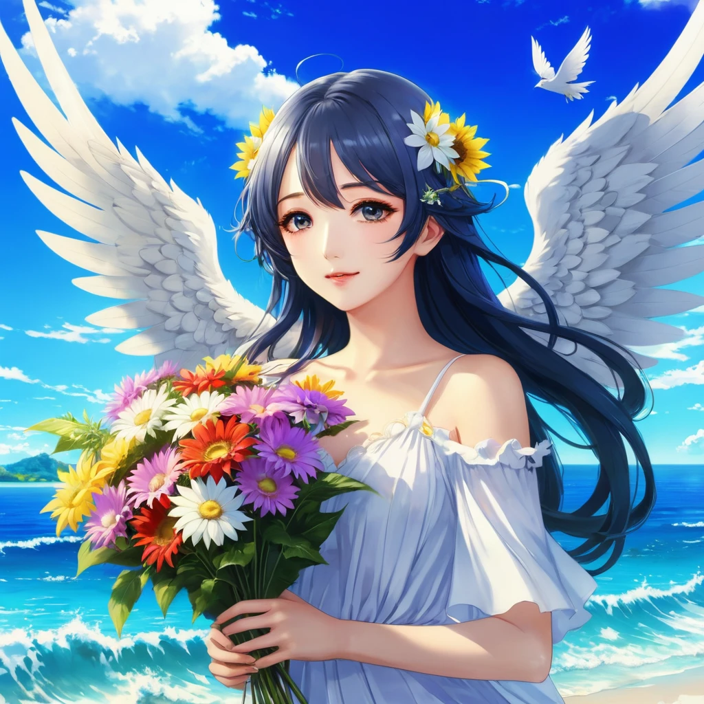 Anime girl with flowers and wings on the beach, of an beautiful Angel Girl, Official Artwork, Beautiful angel, Beautiful sunflower anime girl, of Beautiful angel, Beautiful Anime, Angelic, Angel Girl, Beautiful Anime artwork, Daytime fantasy anime, Angelic羽を持つ少女, Summer Goddess, Beautiful Anime art, White Wings, with beautiful wings, Official Art, Beautiful peaceful scene in anime