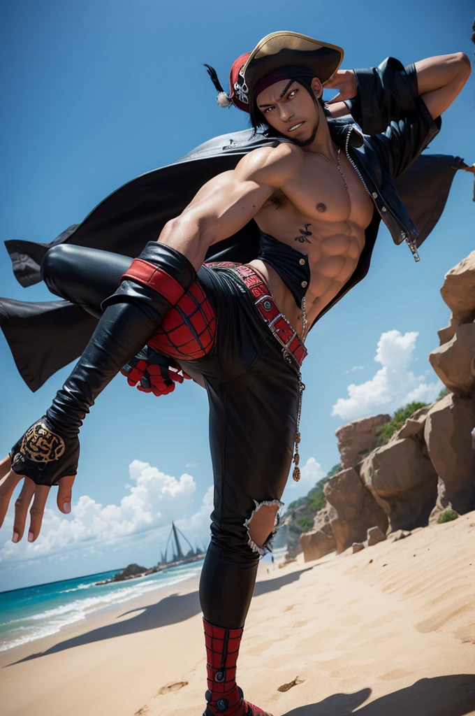 one piece pirate with miles morales characteristics, with the butts of a jaguar on its body