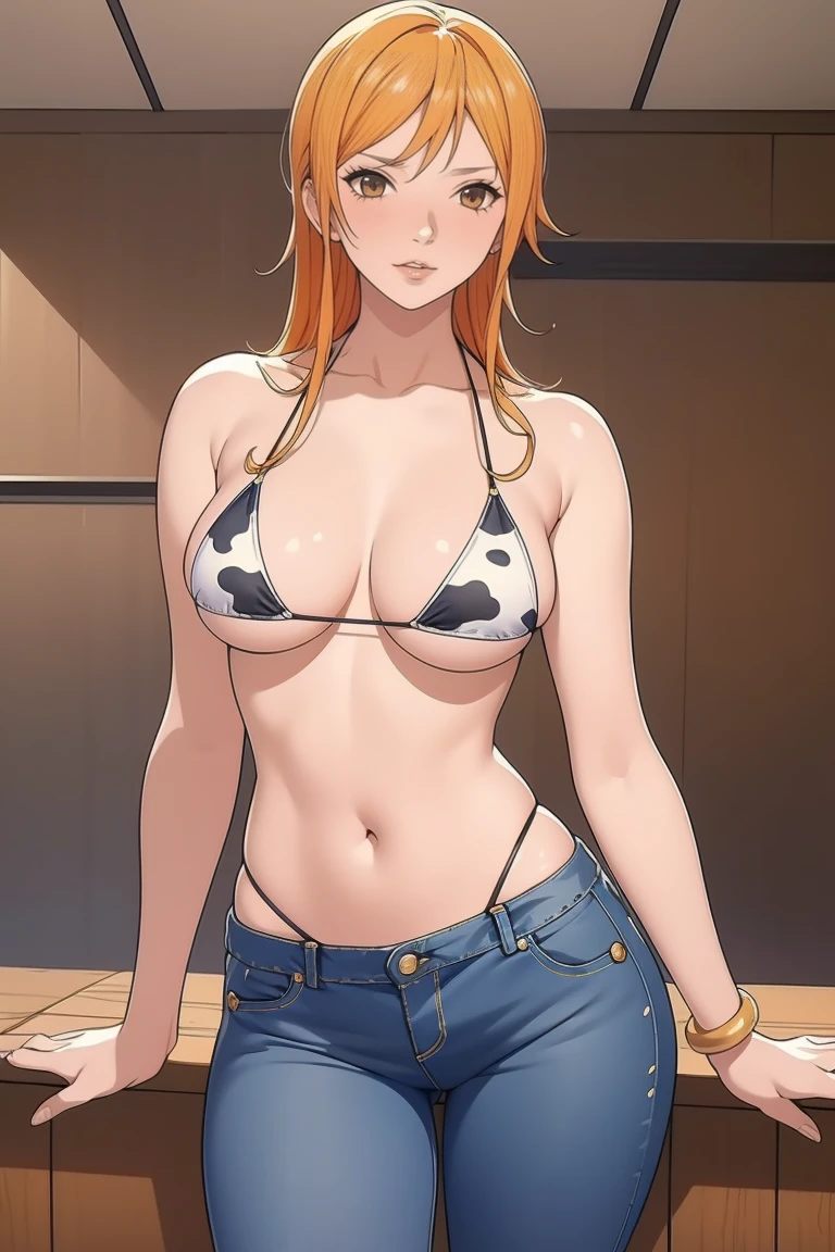 (masterpiece, Highest quality),Browsing Caution,Cartoon photo of a woman in a bikini top and jeans, Anime drawings inspired by Masamune Shirow, Pixiv, Self-sastructing art, Enchanting anime girl, Nami One Piece, Biomechanical , Nami from One Piece, Pixiv 3dcg, , I also make fan art, top rated on Pixiv,{{{{{cow print ultra micro bikini top:1.9}}}}},{{{{{ultra law rise jeans:1.8}}}}},