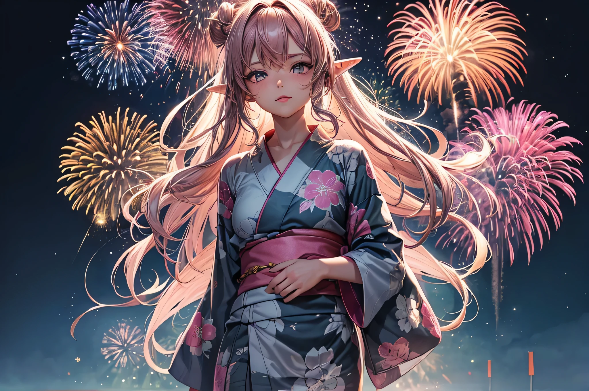 (Heart Shape, many:1.2 fireworks), (dark brown skin, solo:2, 1000 yo, Dreadlocks pink hair long hair sexy elf woman, cool gray eyes, glossy lip, small tits), (in a beautiful yukata with double exposure:1.2 of fireworks), BREAK, 16k, beautiful detailed silhouette.