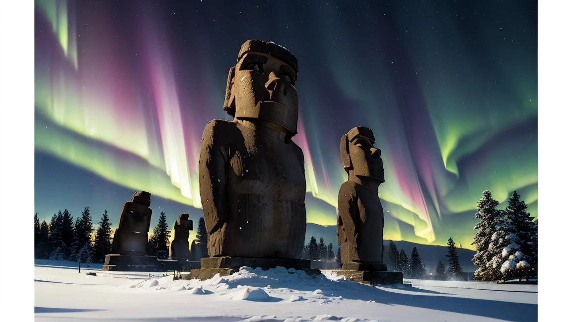 (Realistic, Photorealistic:1.4), Beautiful illustration, Easter island, Moai statue, Snow Scene, Aurora, starry sky, full moon