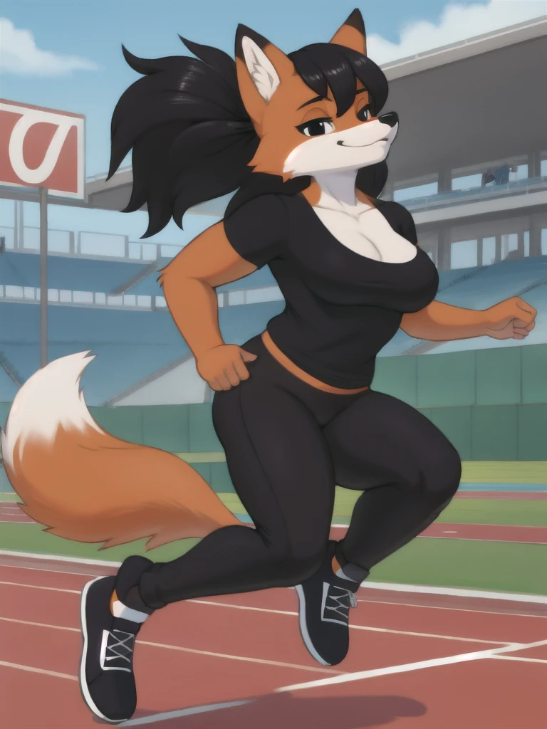 Furry, fox, female, black shirt, black leggings, shoes, running track, solo, full body