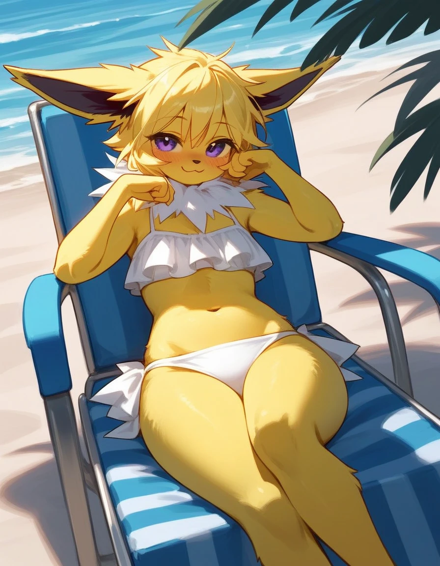 alone, score_9,score_8_up,score_7_up, anthro female jolteon, wearing frilly white bikini, standing on water, in the pool, water splash.