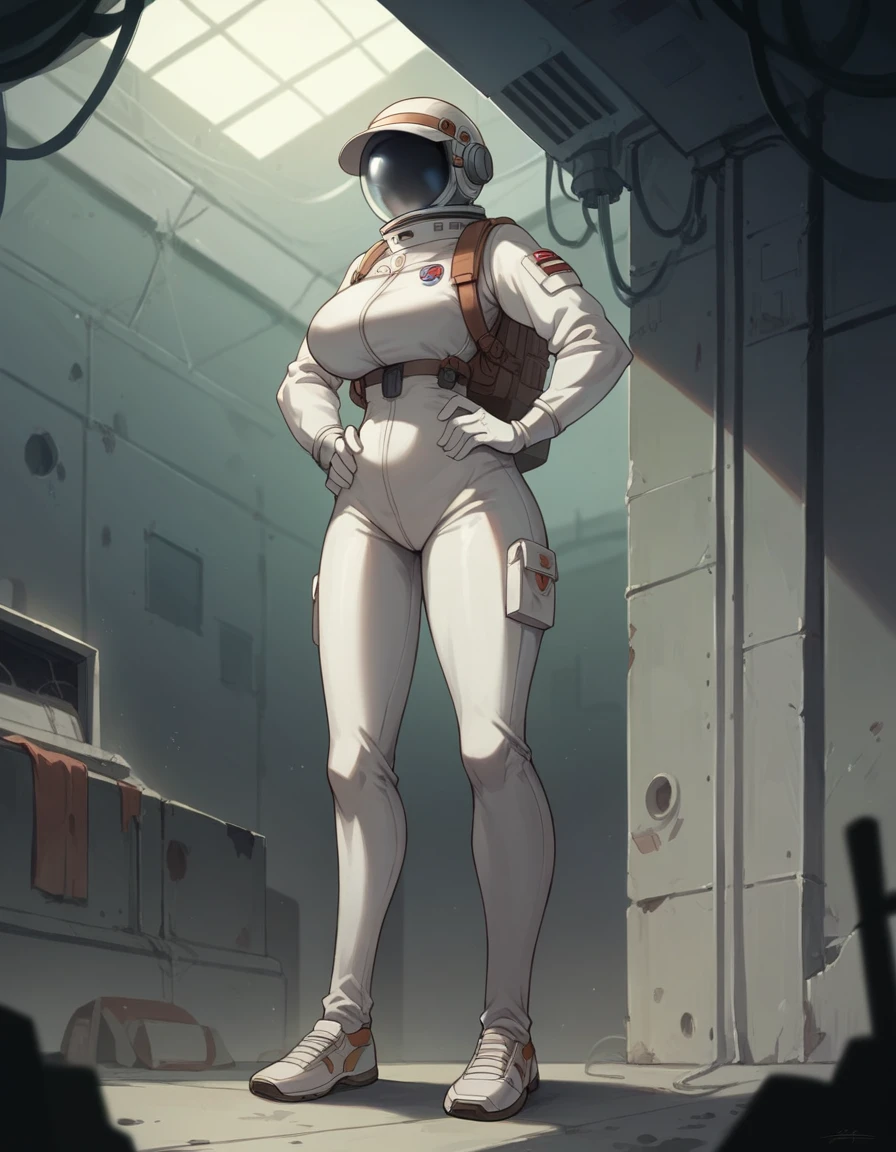 Masterpiece, best quality, Masterpiece, best quality, 1 woman, astronaut suit , wear a hat , big breasts , abdomen , Long legs , Put your hands on your hips... , shoe , full body , abandoned factory , at night