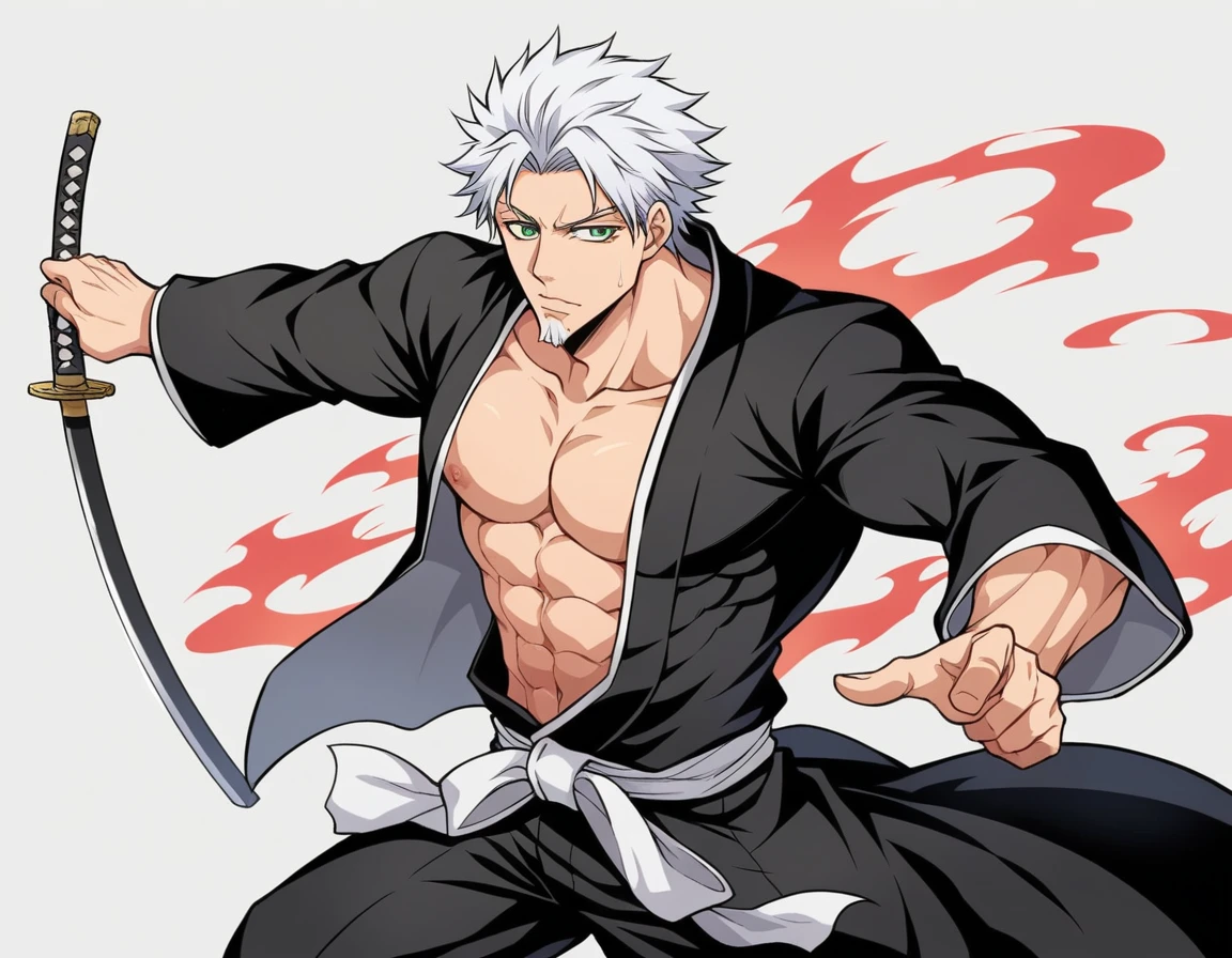 ung boy, male focus, details Intricate, 1 men, bonitas, White hair, vibrant green eyes, slim muscles, アニメ, 19yearsold, 19 years, a small goatee, kimono de Shinigami, Shinigami, bleach style, bleach, regatta, kimono, bleach, bleach style(black clothing colors, kimono black), katana ( a medium sharp katana) , katana media, Aura(uma Aura branca ao redor do personagem), Aura de energia, Attacks, Attacks com katana (fazendo golpes com sua espada poderosa fazendo a Aura se elevar) cutoffs, cutoffs de espada, bloodstains, bleeding(personagem esta ferido saindo bloodstains de seu corpo) bloodstains no corpo, muito bloodstains(o braço do personagem estari pingando com bloodstains).