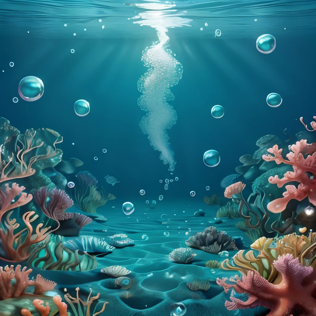 ((Background in the sea))、(A large amount of bubbles rising to the surface))