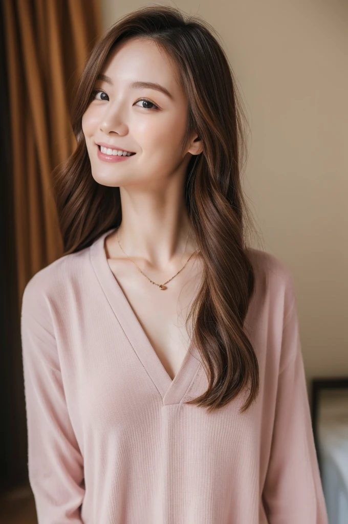 ((Highest quality, 8k, masterpiece :1.3)), ((Shooting in the room))、Japanese women, 20-year-old, A variety of expressions, alone:1, Slim figure, Round eyes、Various hairstyles, Casual clothing, 写真の中でalone、Selfie、Photographed in natural light、Simple Necklace、Spring Clothes、Looking at the camera、profile、Dark Brown Hair Color、The chest is visible、smile