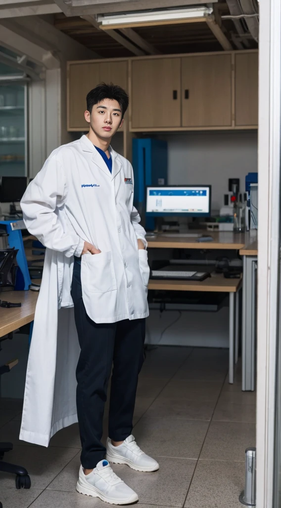 (8k,RAW photos,Best quality,nmasterpiece:1.2),(make realistic,photo realistic:1.37),In the lab,A guy,Wearing a white trigram,sideways standing,Whole human body,Professional attire