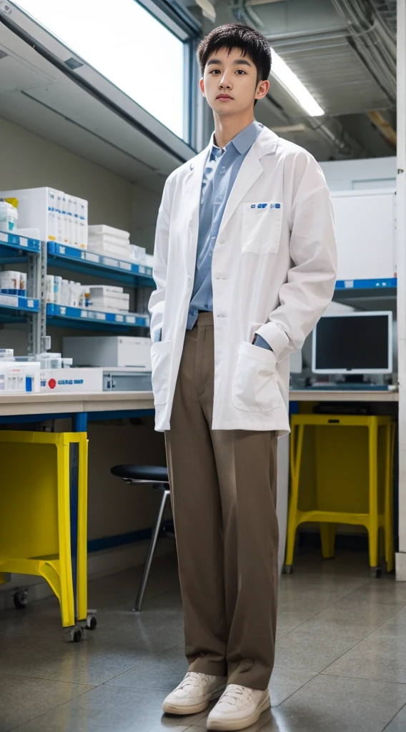 (8k,RAW photos,Best quality,nmasterpiece:1.2),(make realistic,photo realistic:1.37),In the lab,A guy,Wearing a white trigram,sideways standing,Whole human body,Professional attire