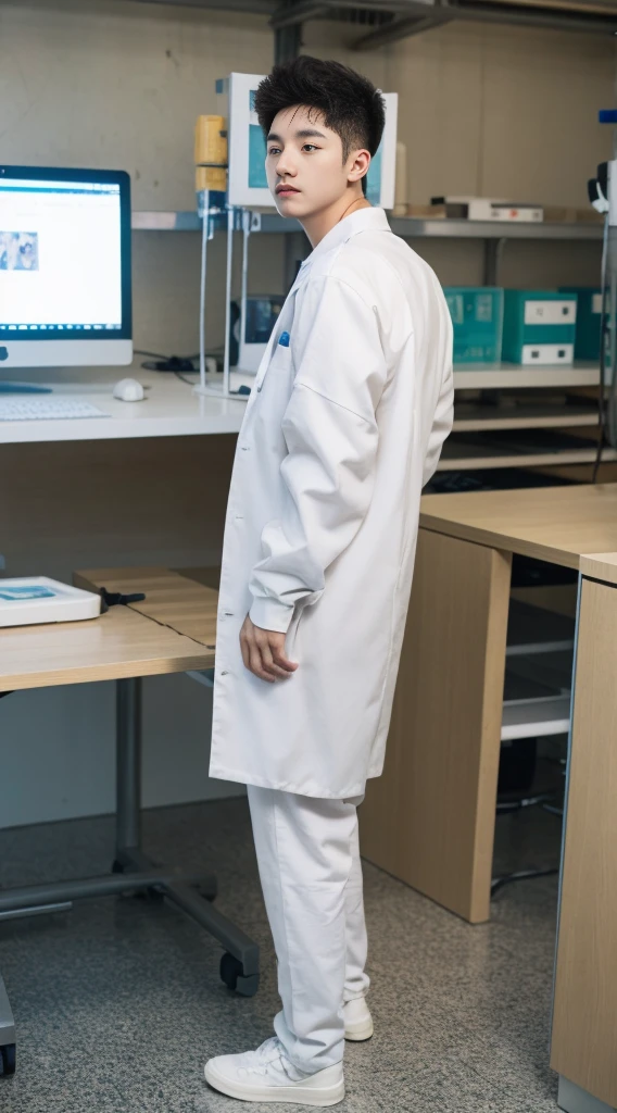 (8k,RAW photos,Best quality,nmasterpiece:1.2),(make realistic,photo realistic:1.37),In the lab,A guy,Wearing a white trigram,sideways standing,Whole human body,Professional attire