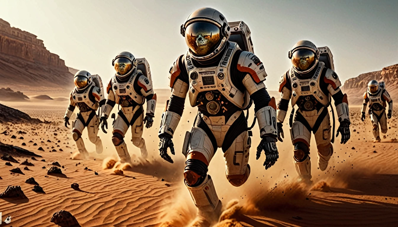 ultra realistic 8k cg, masterpiece, professional artwork, cinematic lighting, painting of a (the horde of zombie astronauts, torn suits and without helmets, appears across the Martian desert, leaving a trail of chaos and destruction of a spaceship.) summoning monsters. horror movie, horrified, terrified, insane, disgusting, disturbing, Impactful, cgsociety, hyper-detailed, digital illusions, cyberspace, photorealistic, arts visuals. 