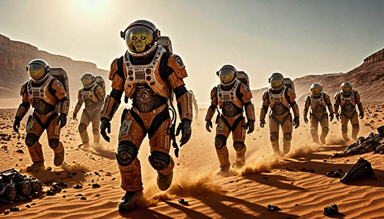 ultra realistic 8k cg, masterpiece, professional artwork, cinematic lighting, painting of a (the horde of zombie astronauts, torn suits and without helmets, appears across the Martian desert, leaving a trail of chaos and destruction of a spaceship.) summoning monsters. horror movie, horrified, terrified, insane, disgusting, disturbing, Impactful, cgsociety, hyper-detailed, digital illusions, cyberspace, photorealistic, arts visuals. 