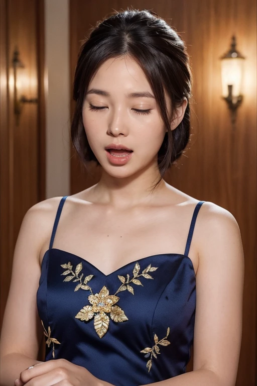Upper Body, Movie angle, masterpiece, Highest quality, Very detailed, CG, 8k wallpaper, Beautiful Face, Delicate eyes, Otome, alone, ((open mouth、closed eyes)), have, Cobalt blue dress with gold trim, Floral Background