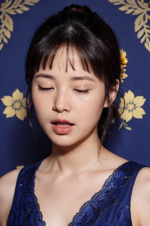 Upper Body, Movie angle, masterpiece, Highest quality, Very detailed, CG, 8k wallpaper, Beautiful Face, Delicate eyes, Otome, alone, ((open mouth、closed eyes)), have, Cobalt blue dress with gold trim, Floral Background